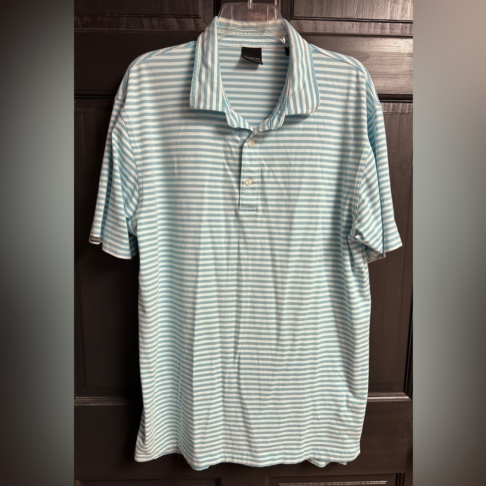 Dunning Golf Men’s Size Large Polo Short Sleeve Medium Blue & White Thin Stripe